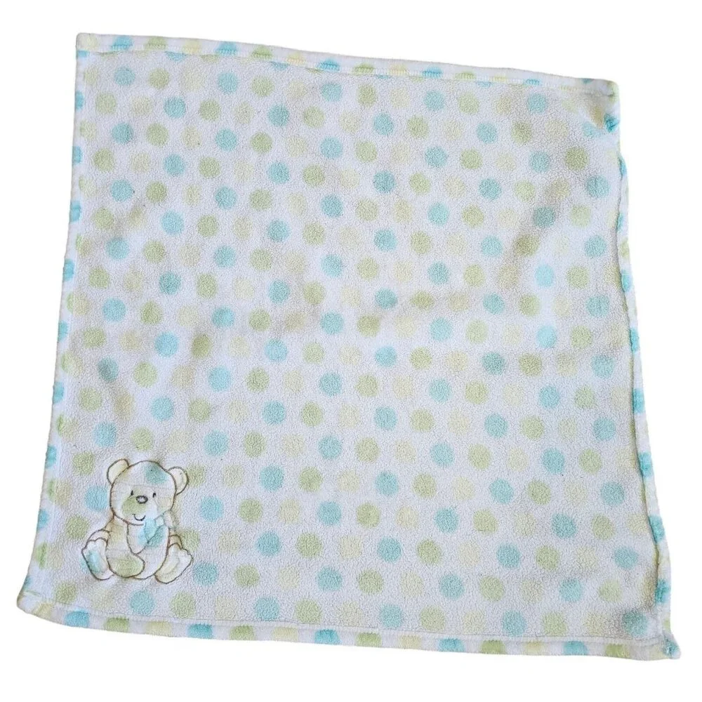 Baby Essentials‎ Blue Green Polka Dot Bear Baby Blanket Soft Plush 29” X 30